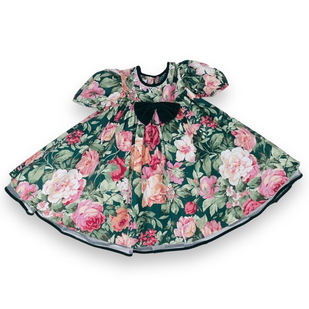 Vintage Girls Big Green Velvet Bow Floral Babydoll Puff Sleeve Swing Dress 5
